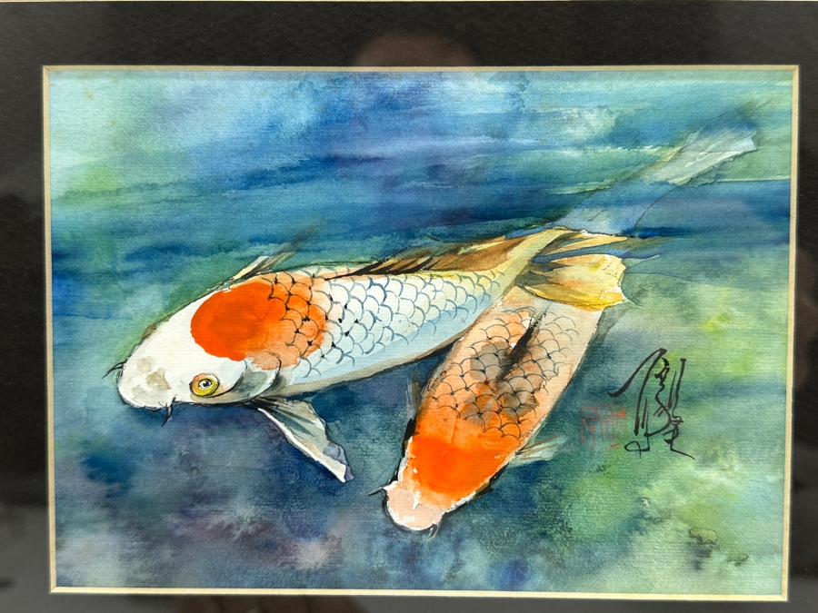 Original Asian Koi Fish Watercolor Painting Artist Signed Lower Right 7 X 5 Framed 13.5 X 12 [Photo 2]