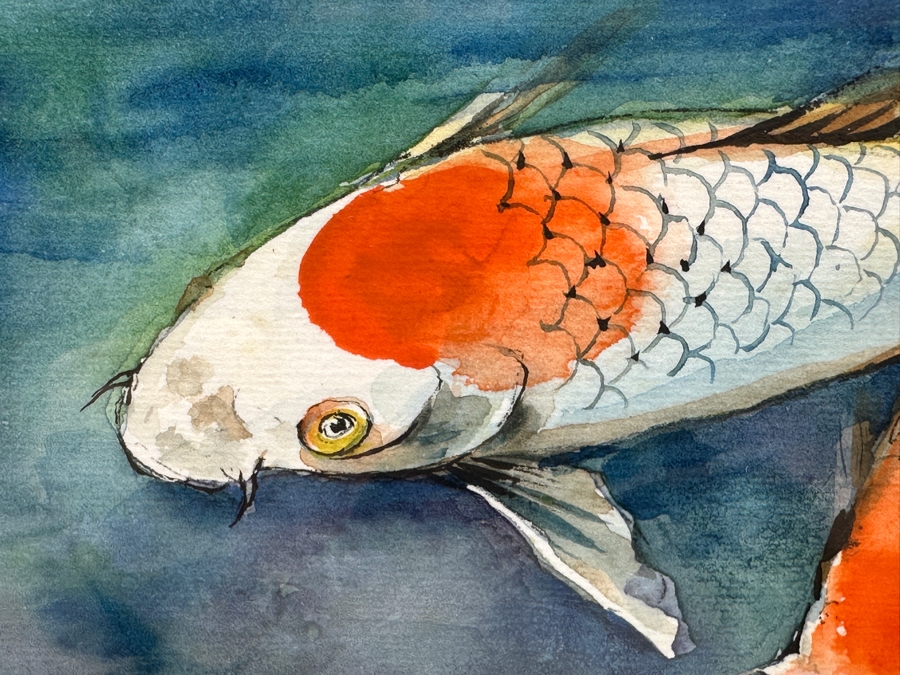 Original Asian Koi Fish Watercolor Painting Artist Signed Lower Right 7 X 5 Framed 13.5 X 12 [Photo 4]