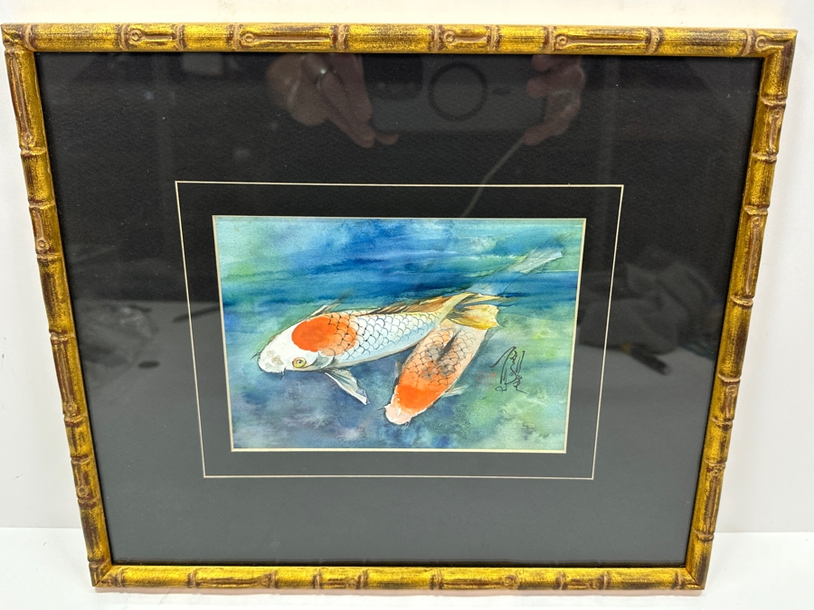 Original Asian Koi Fish Watercolor Painting Artist Signed Lower Right 7 X 5 Framed 13.5 X 12 [Photo 3]