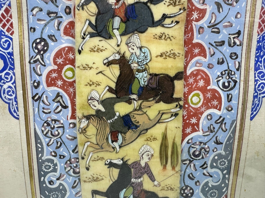Vintage Persian Miniature Painting In Mosaic Wooden Frame 8.75 X 18.5 [Photo 8]
