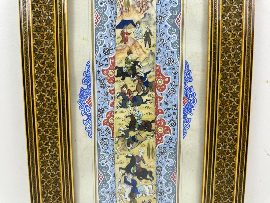 Vintage Persian Miniature Painting In Mosaic Wooden Frame 8.75 X 18.5 [Photo 2]