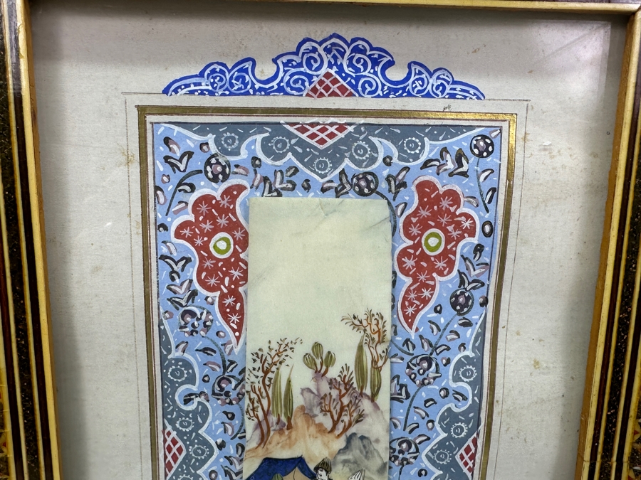 Vintage Persian Miniature Painting In Mosaic Wooden Frame 8.75 X 18.5 [Photo 5]
