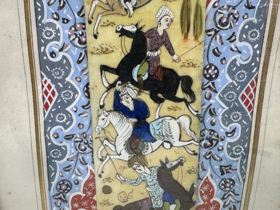 Vintage Persian Miniature Painting In Mosaic Wooden Frame 8.75 X 18.5 [Photo 9]