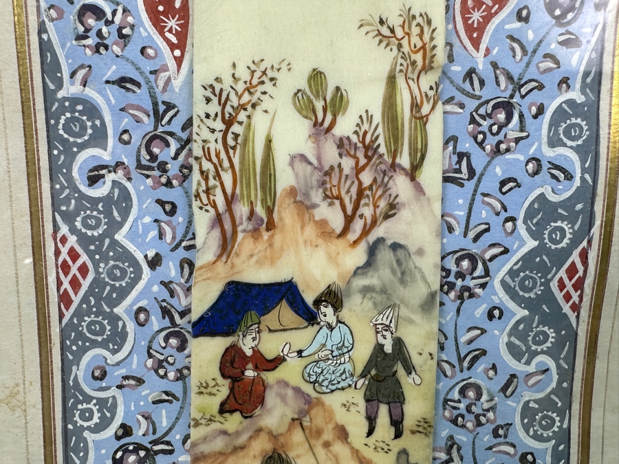 Vintage Persian Miniature Painting In Mosaic Wooden Frame 8.75 X 18.5 [Photo 6]