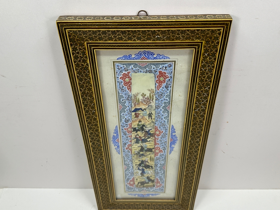 Vintage Persian Miniature Painting In Mosaic Wooden Frame 8.75 X 18.5 [Photo 12]