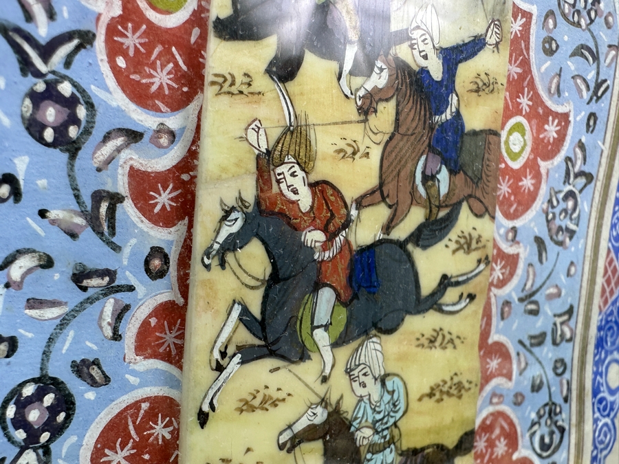 Vintage Persian Miniature Painting In Mosaic Wooden Frame 8.75 X 18.5 [Photo 4]
