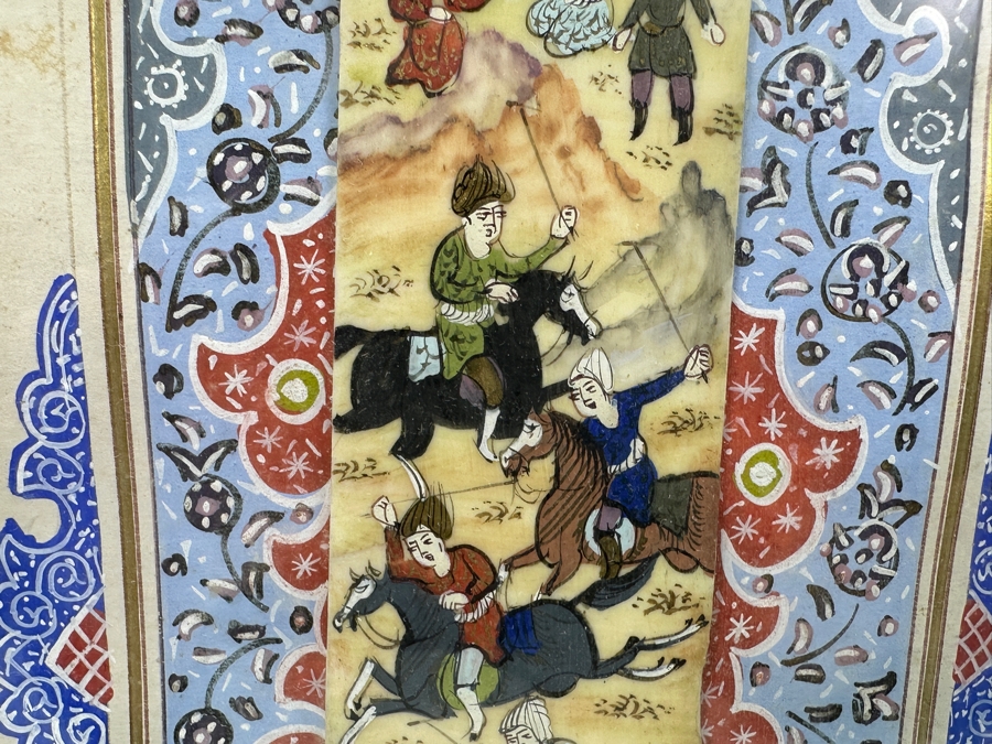 Vintage Persian Miniature Painting In Mosaic Wooden Frame 8.75 X 18.5 [Photo 7]