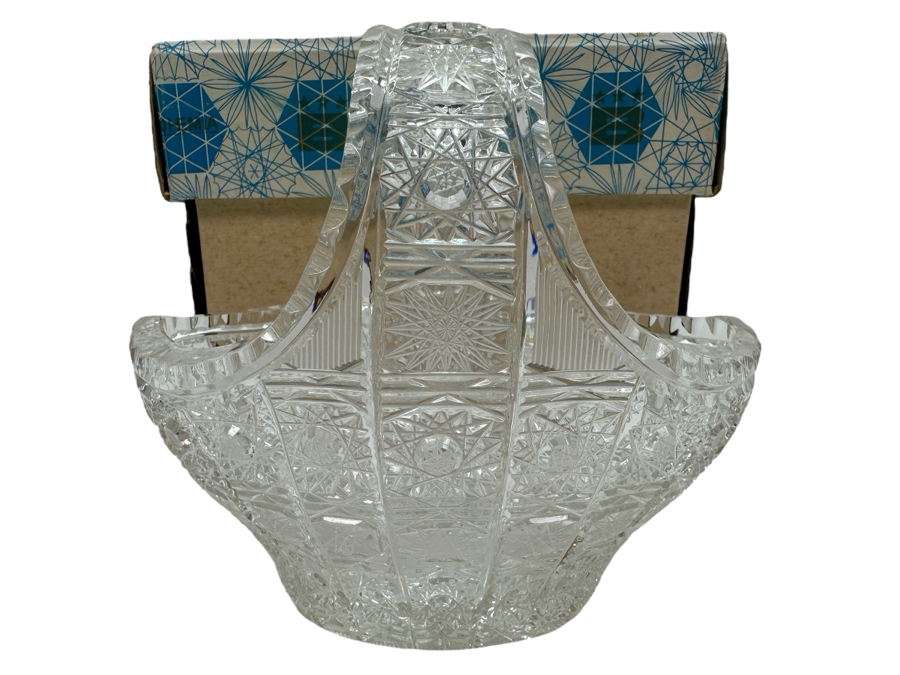 Bohemia Czechoslovakia Cut Crystal Basket With Original Box 6W X 6H