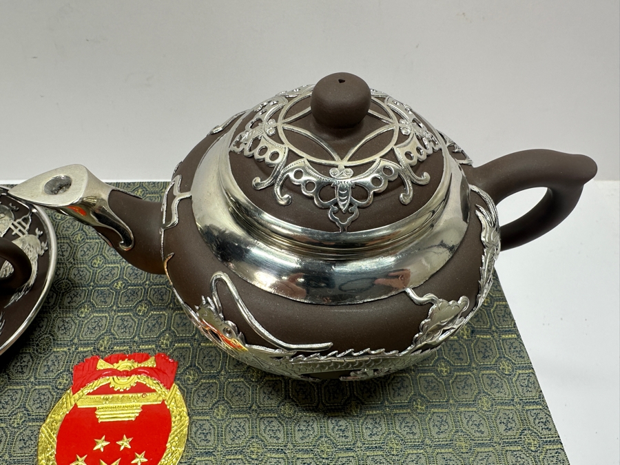 Vintage Chinese Yixing Zisha Clay Teapot With Metal Dragon Motif Overlay And Four Cups And Saucers New In Box Gifted From Mr. Yao Yilin Vice Premier People's Republic Of China [Photo 14]
