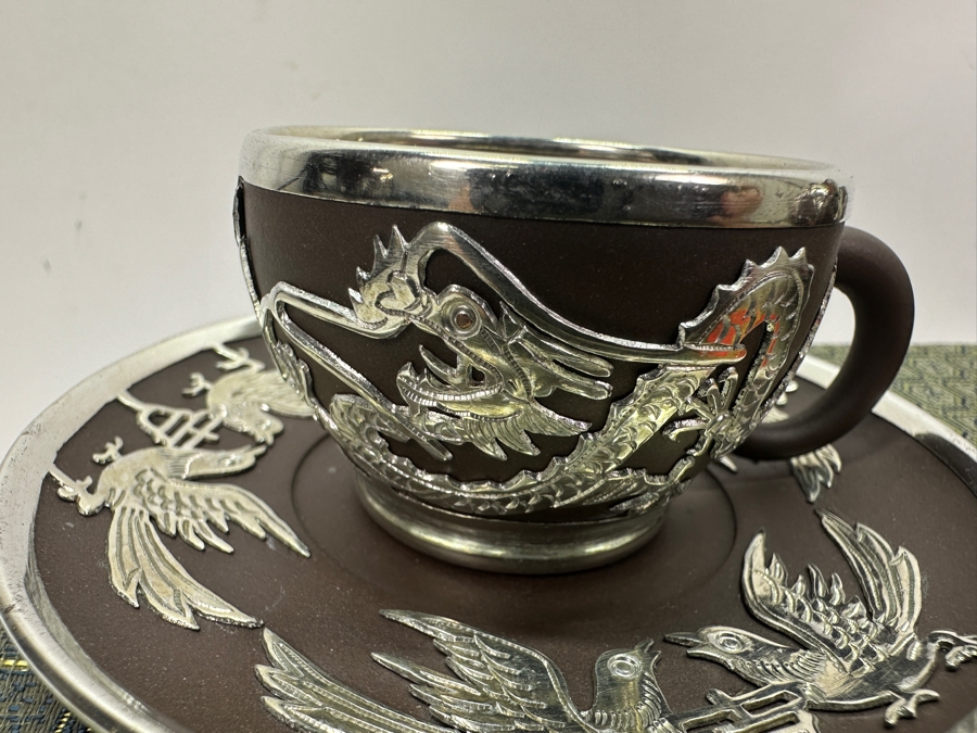 Vintage Chinese Yixing Zisha Clay Teapot With Metal Dragon Motif Overlay And Four Cups And Saucers New In Box Gifted From Mr. Yao Yilin Vice Premier People's Republic Of China [Photo 16]