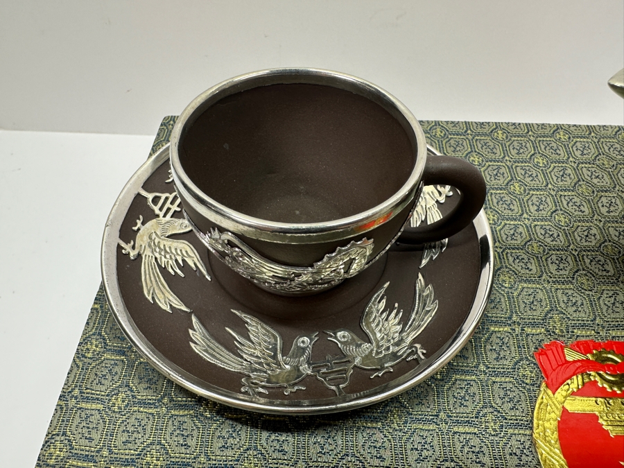 Vintage Chinese Yixing Zisha Clay Teapot With Metal Dragon Motif Overlay And Four Cups And Saucers New In Box Gifted From Mr. Yao Yilin Vice Premier People's Republic Of China [Photo 17]