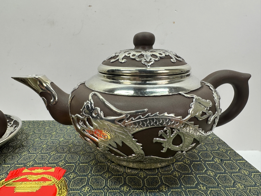 Vintage Chinese Yixing Zisha Clay Teapot With Metal Dragon Motif Overlay And Four Cups And Saucers New In Box Gifted From Mr. Yao Yilin Vice Premier People's Republic Of China [Photo 13]