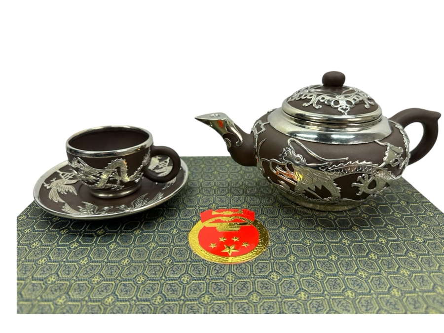 Vintage Chinese Yixing Zisha Clay Teapot With Metal Dragon Motif Overlay And Four Cups And Saucers New In Box Gifted From Mr. Yao Yilin Vice Premier People's Republic Of China [Photo 3]