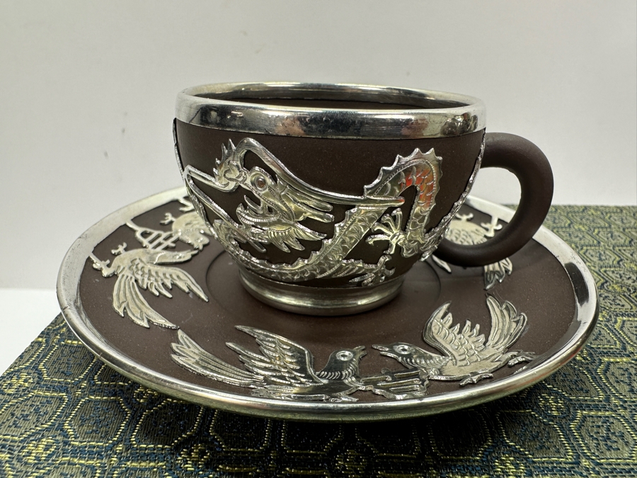 Vintage Chinese Yixing Zisha Clay Teapot With Metal Dragon Motif Overlay And Four Cups And Saucers New In Box Gifted From Mr. Yao Yilin Vice Premier People's Republic Of China [Photo 15]