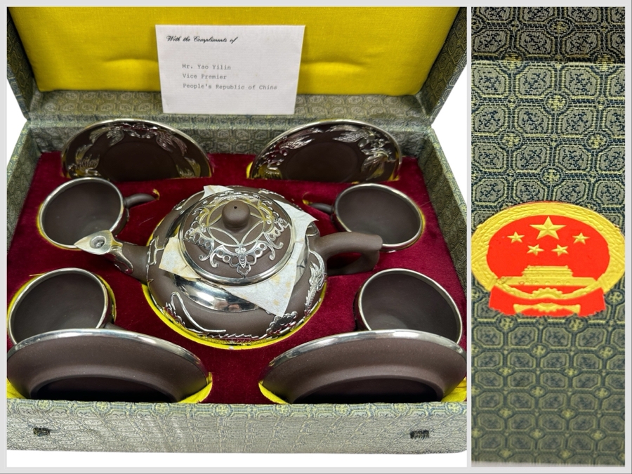 Vintage Chinese Yixing Zisha Clay Teapot With Metal Dragon Motif Overlay And Four Cups And Saucers New In Box Gifted From Mr. Yao Yilin Vice Premier People's Republic Of China