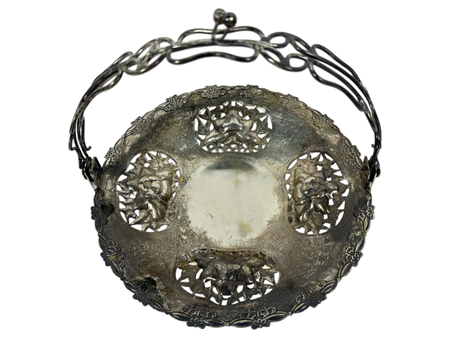 Vintage Chinese Silver Basket With Handle - Hallmarks On Bottom 10W X 9H 591g [Photo 3]