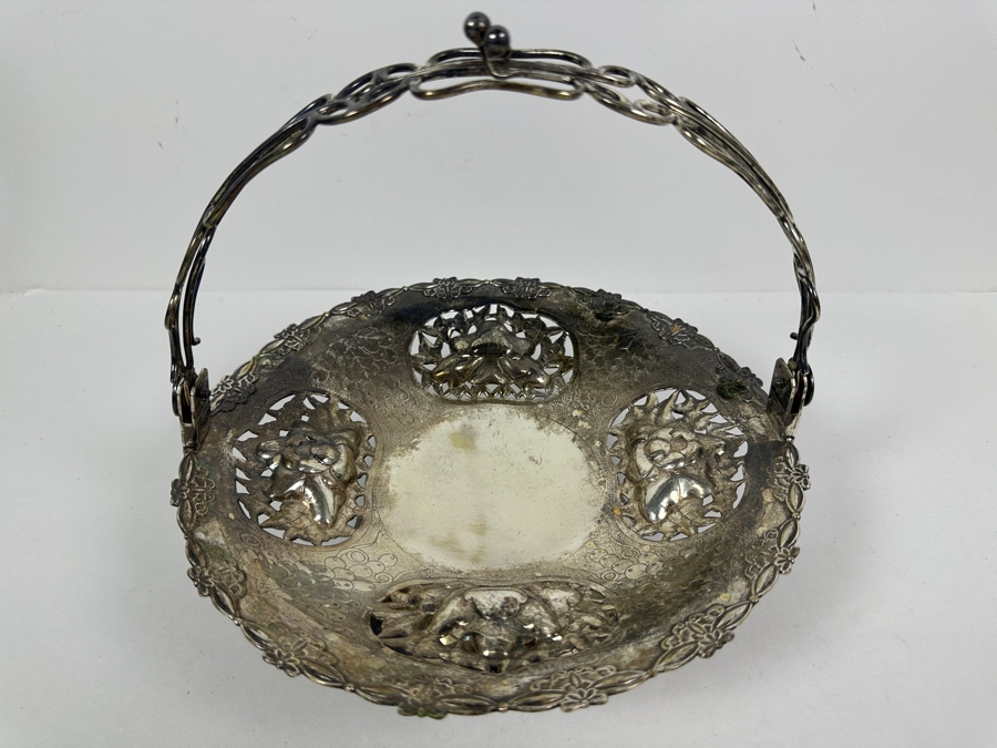 Vintage Chinese Silver Basket With Handle - Hallmarks On Bottom 10W X 9H 591g [Photo 4]