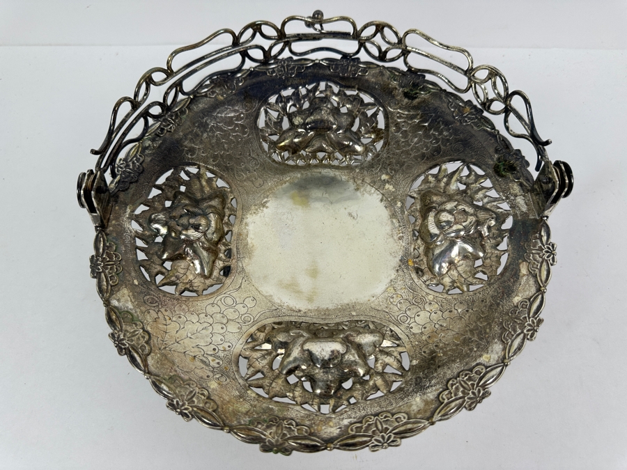 Vintage Chinese Silver Basket With Handle - Hallmarks On Bottom 10W X 9H 591g [Photo 6]