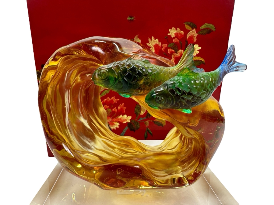 Liuli Gongfang Liuligongfang Crystal Glass Fish Sculpture Artist Signed 2008 With Original Box Taiwan Artistic Chinese Glassware 8.25W X 8H [Photo 1]