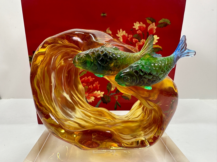Liuli Gongfang Liuligongfang Crystal Glass Fish Sculpture Artist Signed 2008 With Original Box Taiwan Artistic Chinese Glassware 8.25W X 8H [Photo 3]