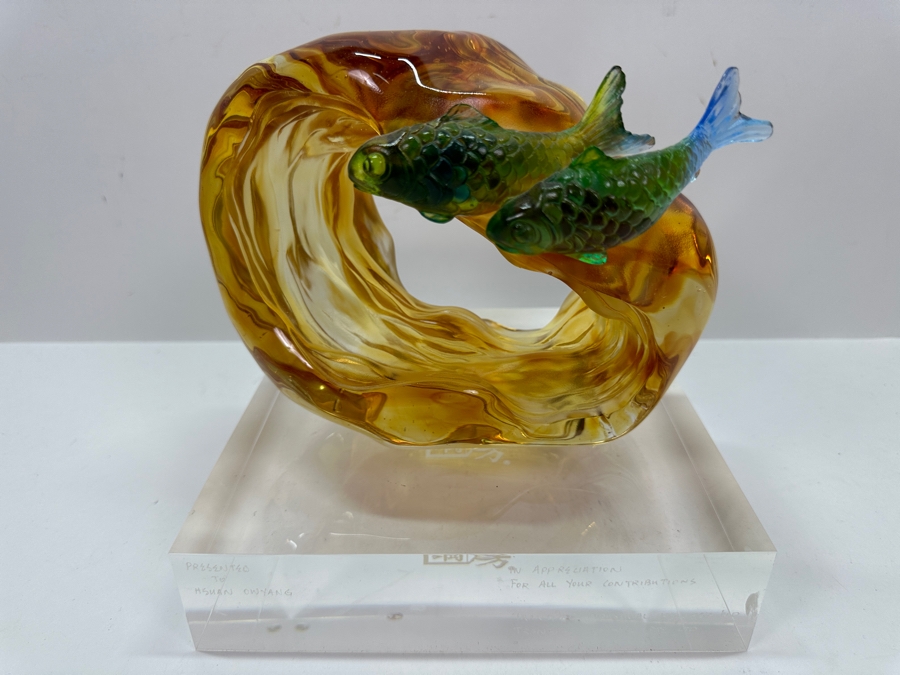 Liuli Gongfang Liuligongfang Crystal Glass Fish Sculpture Artist Signed 2008 With Original Box Taiwan Artistic Chinese Glassware 8.25W X 8H [Photo 7]