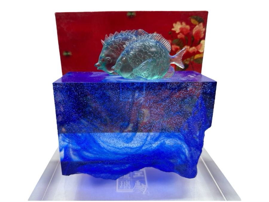 Liuli Gongfang Liuligongfang Crystal Glass Fish Sculpture Artist Signed 2002 With Original Box Taiwan Artistic Chinese Glassware 8.25W X 8H [Photo 1]