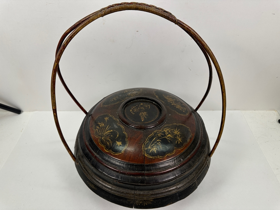 Vintage Chinese Hand Carved Hand Painted Wooden Basket 12W X 16H [Photo 3]