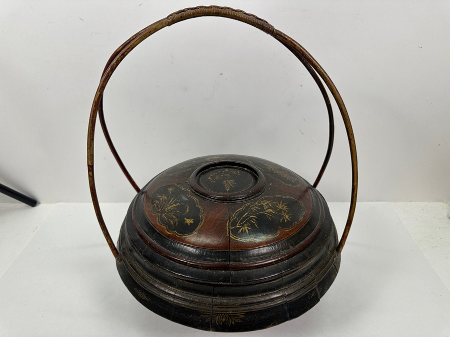 Vintage Chinese Hand Carved Hand Painted Wooden Basket 12W X 16H [Photo 4]