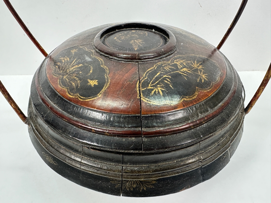 Vintage Chinese Hand Carved Hand Painted Wooden Basket 12W X 16H [Photo 7]