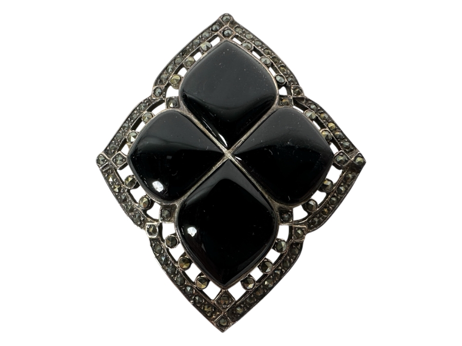 Vintage Sterling Silver Black Onyx Brooch Pin 18.8g [Photo 1]
