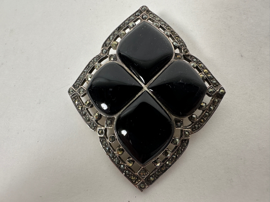 Vintage Sterling Silver Black Onyx Brooch Pin 18.8g [Photo 2]