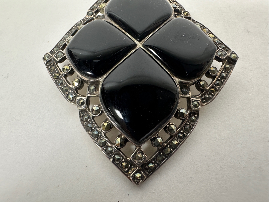 Vintage Sterling Silver Black Onyx Brooch Pin 18.8g [Photo 3]