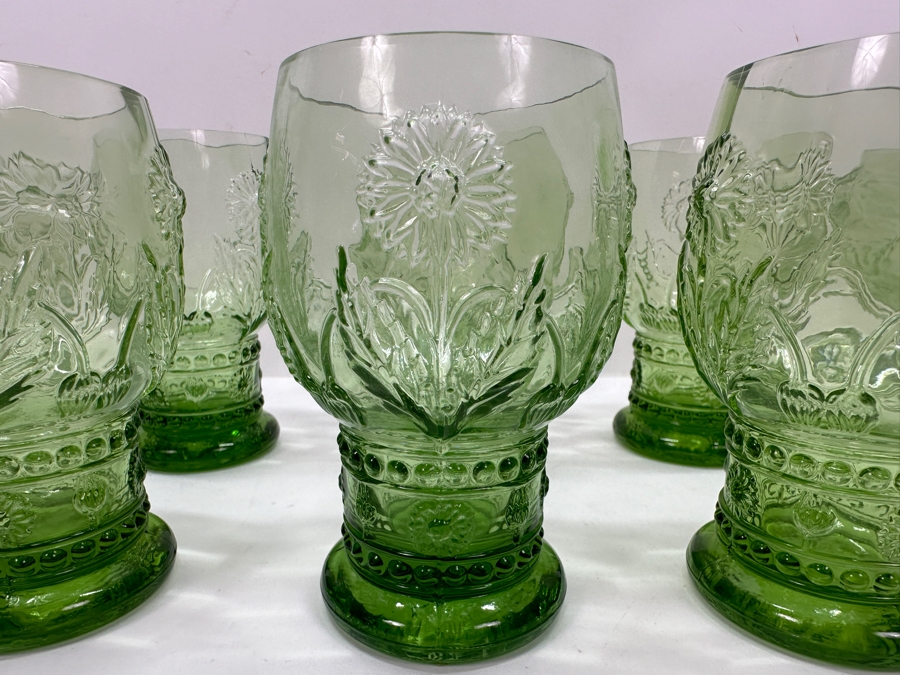 (10) Anthropologie Helianthus Green Glass Water Goblets 5H [Photo 3]