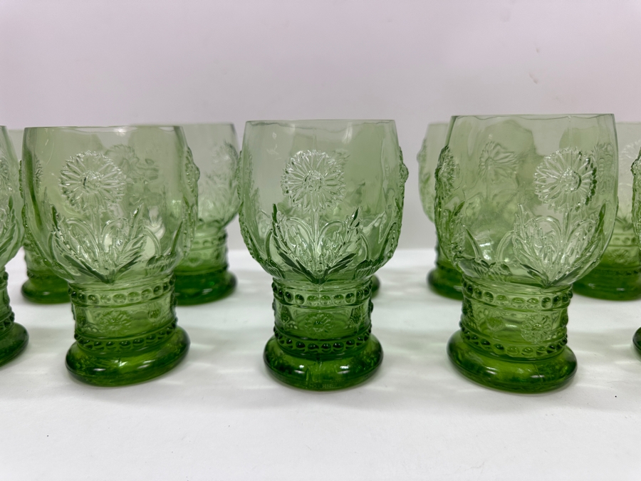 (10) Anthropologie Helianthus Green Glass Water Goblets 5H [Photo 2]