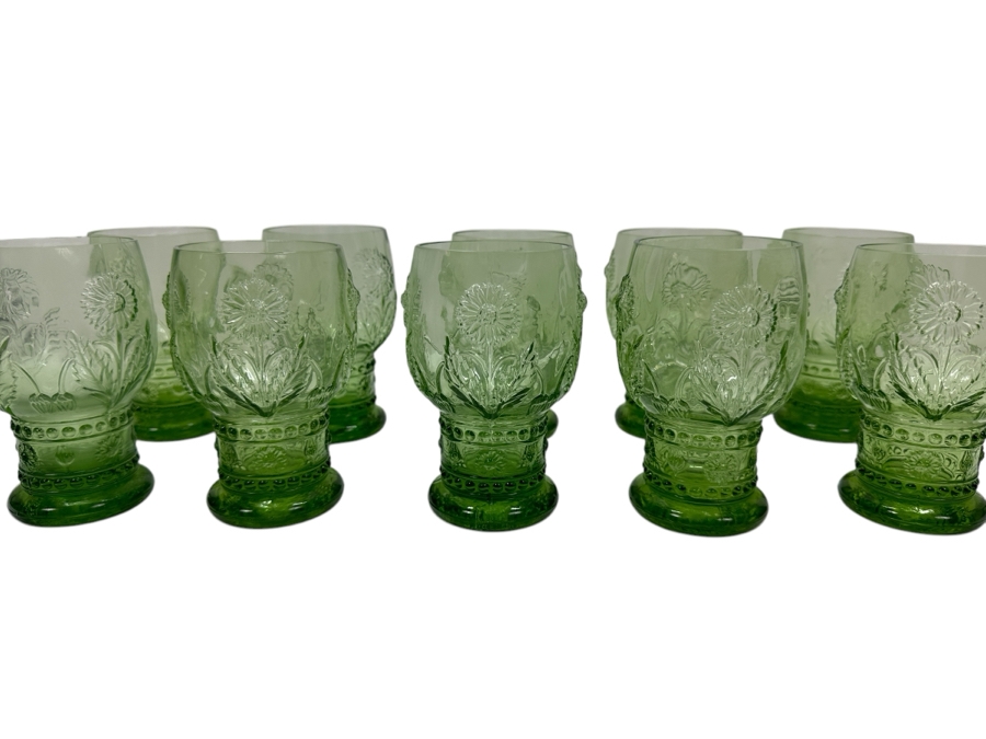 (10) Anthropologie Helianthus Green Glass Water Goblets 5H [Photo 1]