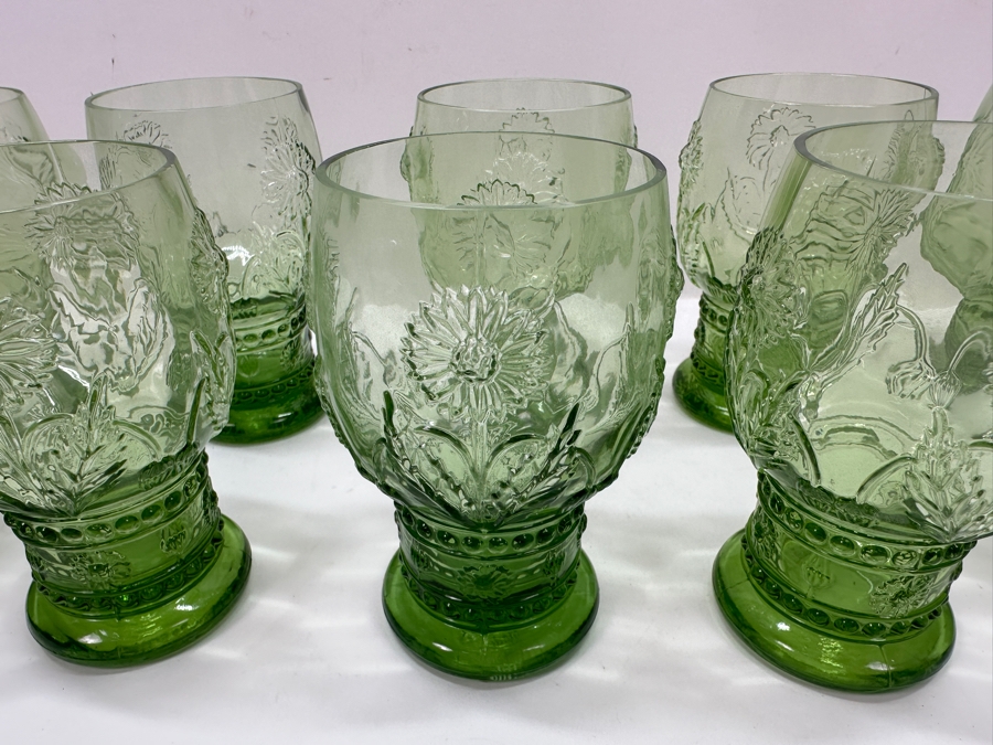 (10) Anthropologie Helianthus Green Glass Water Goblets 5H [Photo 4]