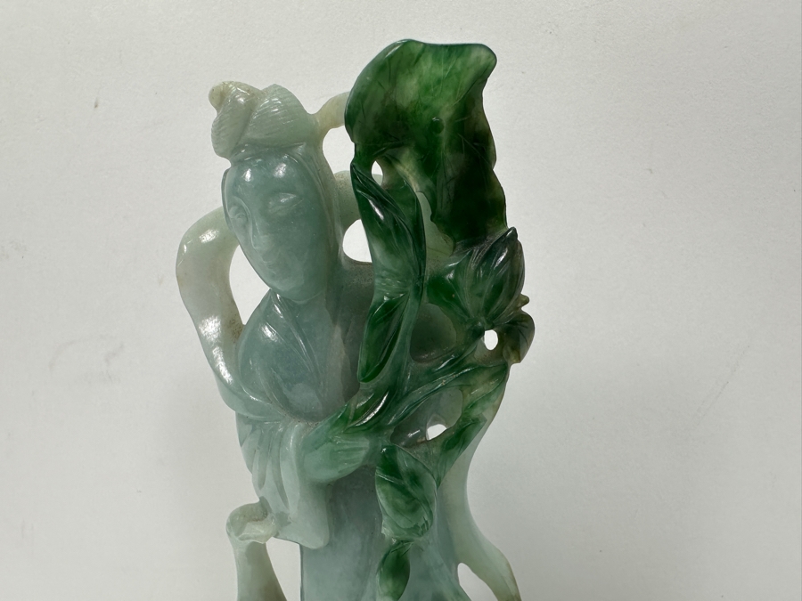 Vintage Chinese Carved Jadeite Guanyin Sculpture On Wooden Base 5.5H [Photo 4]