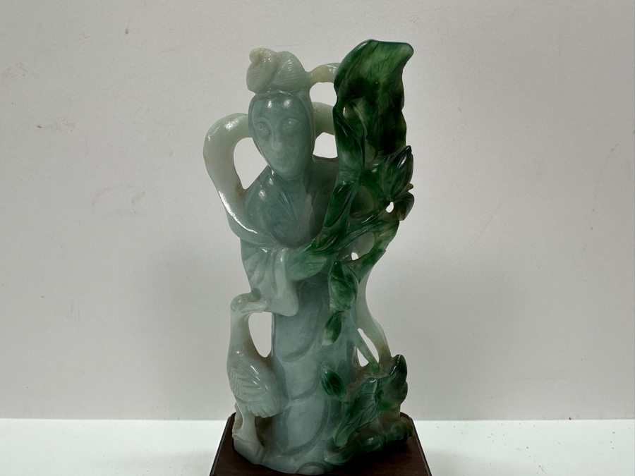 Vintage Chinese Carved Jadeite Guanyin Sculpture On Wooden Base 5.5H [Photo 7]