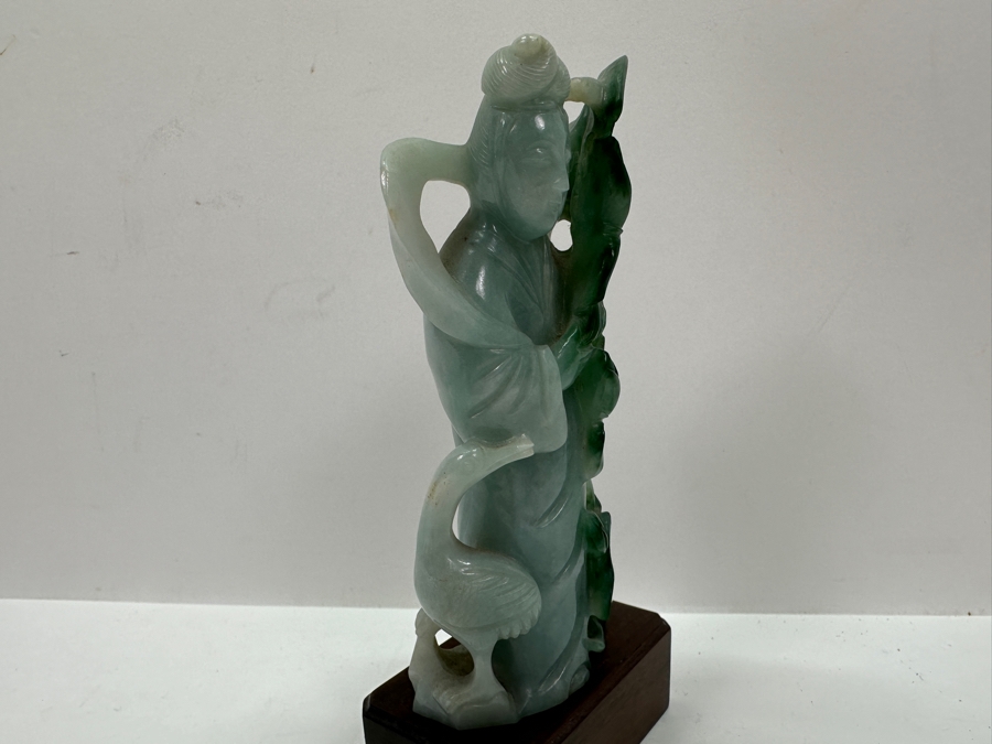Vintage Chinese Carved Jadeite Guanyin Sculpture On Wooden Base 5.5H [Photo 9]