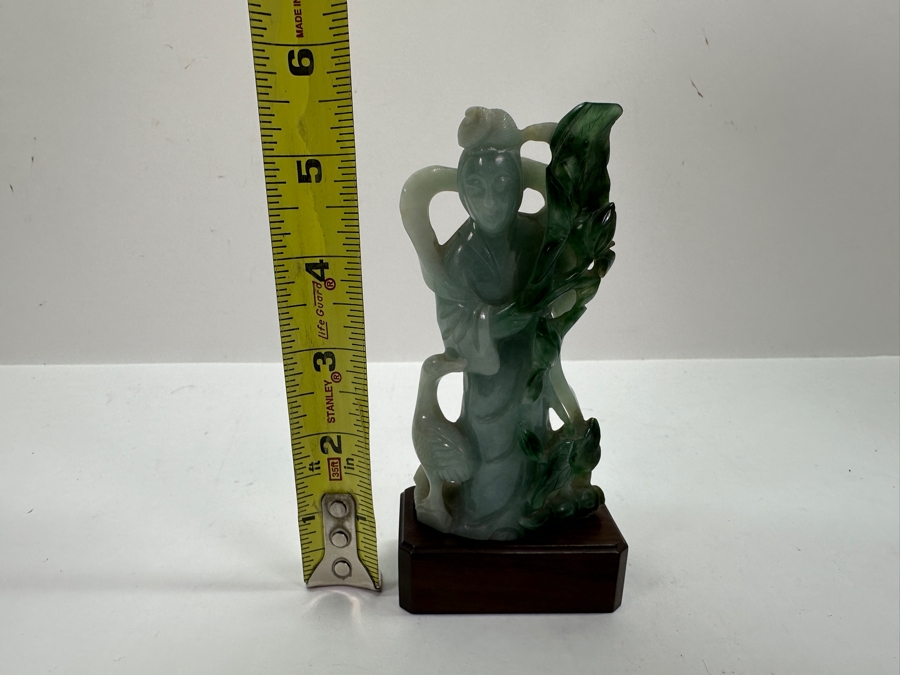Vintage Chinese Carved Jadeite Guanyin Sculpture On Wooden Base 5.5H [Photo 15]