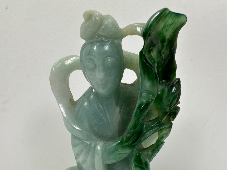 Vintage Chinese Carved Jadeite Guanyin Sculpture On Wooden Base 5.5H [Photo 3]