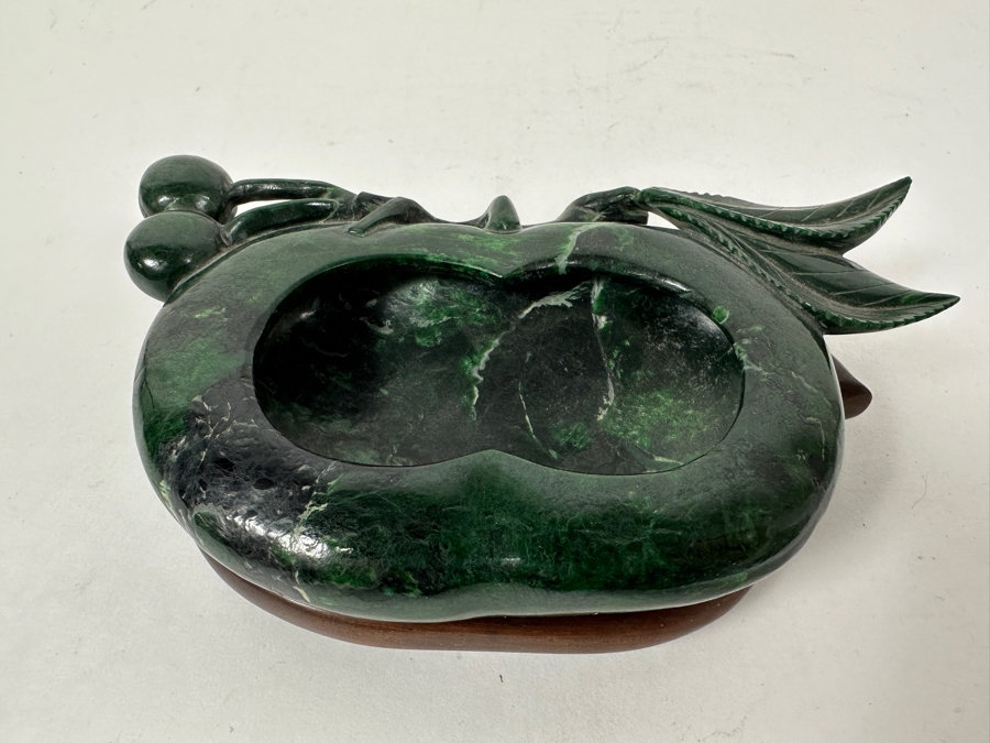 Vintage Chinese Carved Green Stone Dish With Cherries And Leaves Motif 6W X 3.5D X 1.75H [Photo 4]