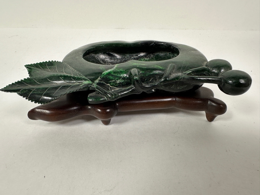 Vintage Chinese Carved Green Stone Dish With Cherries And Leaves Motif 6W X 3.5D X 1.75H [Photo 12]