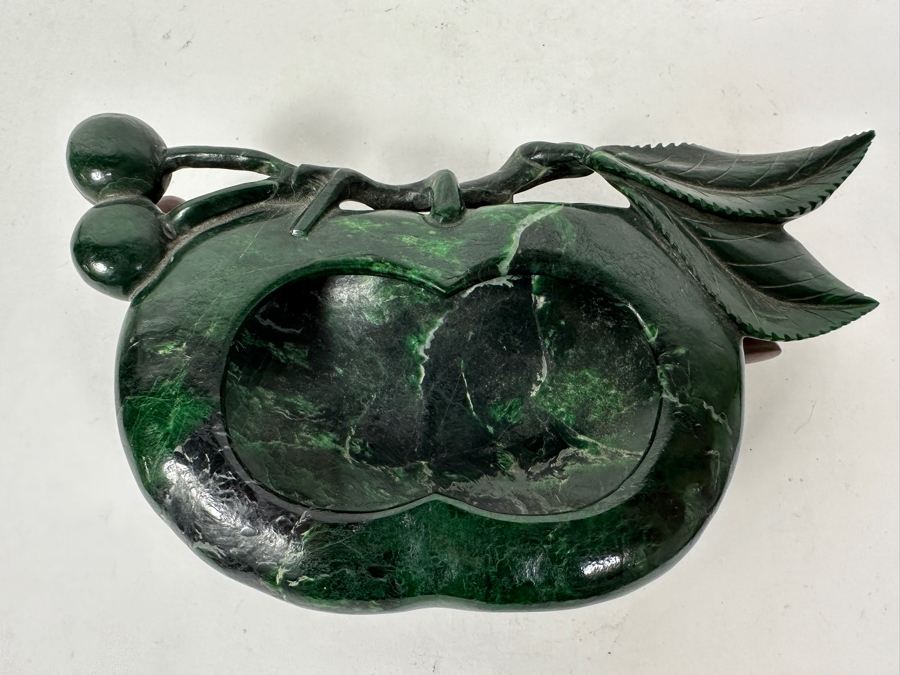 Vintage Chinese Carved Green Stone Dish With Cherries And Leaves Motif 6W X 3.5D X 1.75H [Photo 2]