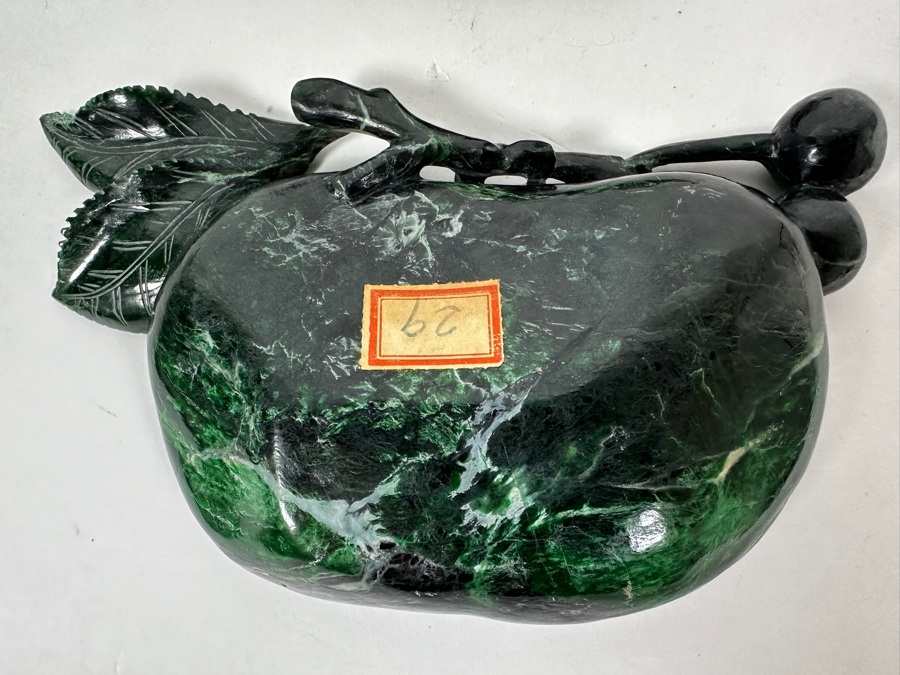 Vintage Chinese Carved Green Stone Dish With Cherries And Leaves Motif 6W X 3.5D X 1.75H [Photo 7]