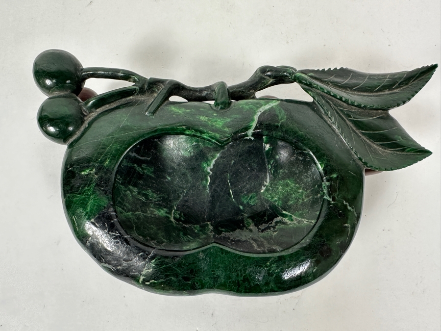 Vintage Chinese Carved Green Stone Dish With Cherries And Leaves Motif 6W X 3.5D X 1.75H [Photo 3]