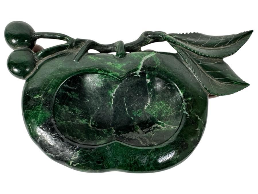 Vintage Chinese Carved Green Stone Dish With Cherries And Leaves Motif 6W X 3.5D X 1.75H [Photo 1]