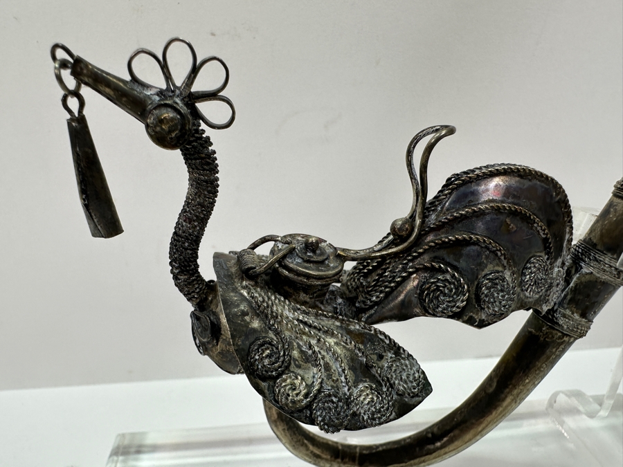 Antique Chinese Sterling Silver Opium Pipe With Filigree Peacock And Lucite Display Stand 13.5L [Photo 4]