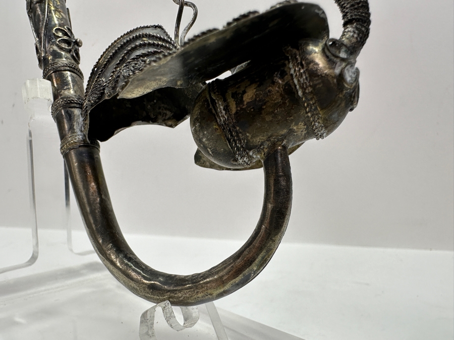 Antique Chinese Sterling Silver Opium Pipe With Filigree Peacock And Lucite Display Stand 13.5L [Photo 11]