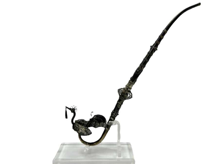 Antique Chinese Sterling Silver Opium Pipe With Filigree Peacock And Lucite Display Stand 13.5L [Photo 1]